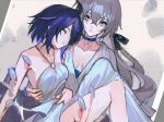  2girls ahoge blue_choker blue_hair breasts bronya_rand choker cleavage closed_eyes closed_mouth collarbone colored_inner_hair company_connection crossed_bangs dress earrings english_commentary grey_eyes grey_hair highres holding honkai:_star_rail honkai_(series) honkai_impact_3rd jewelry long_hair looking_at_viewer mie_xing multicolored_hair multiple_girls official_alternate_costume seele_vollerei short_hair simple_background upper_body white_dress 