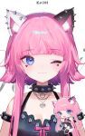  1girl :3 ainy animal_ear_fluff animal_ears armlet bare_shoulders black_shirt blue_eyes blunt_bangs breasts cat_ears cat_girl character_name chibi chibi_inset cleavage closed_mouth collar collarbone facial_mark halter_shirt halterneck heart highres indie_virtual_youtuber kaori_(vtuber) looking_at_viewer medium_breasts official_art one_eye_closed pink_hair shirt simple_background sleeveless sleeveless_shirt smile spiked_armlet spiked_collar spiked_ear_piercing spikes straight-on upper_body virtual_youtuber white_background 
