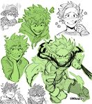  1boy artist_name backwards_hat baseball_cap black_whip_(boku_no_hero_academia) blush boku_no_hero_academia closed_eyes closed_mouth commentary crying crying_with_eyes_open drawstring english_commentary freckles green_theme habkart hat head_rest highres hood hood_down hoodie long_sleeves looking_at_viewer male_focus midoriya_izuku monochrome multiple_views open_mouth scar scar_on_hand short_hair simple_background smile tears tongue tongue_out v white_background 