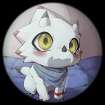  angrygentoo1 anthro bandai_namco bandanna black_claws blush claws digimon digimon_(species) digimon_ghost_game fisheye_lens gammamon horn kerchief looking_at_viewer male solo white_body yellow_eyes 