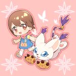  blue_eyes blush brown_eyes brown_hair bug butterfly cat chibi digimon digimon_(creature) digimon_adventure fangs female_child hair_between_eyes happy iyakage open_mouth pink_footwear short_hair tailmon yagami_hikari 