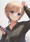  1other adjusting_hair androgynous black_shirt blonde_hair blue_eyes cellphone commission earphones earrings highres holding holding_phone jewelry listening_to_music long_sleeves looking_at_viewer medium_hair multiple_rings original other_focus phone ring shirt short_hair skeb_commission smartphone smile usami_(usami_l) 