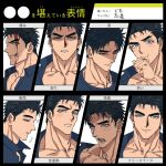  1boy angry bara black_hair blood blood_on_face blue_eyes blue_shirt blush closed_mouth domo_(domo_kizusuki) highres kokado_shido_(domo) large_pectorals looking_at_viewer looking_down looking_to_the_side male_focus multiple_views muscular muscular_male open_mouth original partially_unbuttoned pectorals profile sad shirt short_hair sideburns smile stifled_laugh sweatdrop thick_eyebrows v-neck 