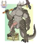  1ceberg absurd_res animal_genitalia animal_penis anthro balls bethesda_softworks big_balls big_pecs big_penis deathclaw equine_genitalia equine_penis erection fallout genitals hi_res horn male muscular muscular_male nude pecs penis scalie solo standing weapon 