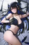  1girl absurdres bare_shoulders black_gloves black_hair blue_bra blue_hair blush bra breasts cleavage commentary english_commentary feathers gloves hair_ornament highres hololive hololive_english horns large_breasts lingerie looking_at_viewer lying mole mole_under_eye multicolored_hair navel nerissa_ravencroft on_side parted_lips pillow red_eyes smile solo sooon stomach thighs two-tone_hair underwear virtual_youtuber 