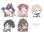  2girls 3boys ? aether_(genshin_impact) albedo_(genshin_impact) antlers black_hair card chibi dark-skinned_female dark-skinned_male dark_skin facial_mark food forehead_mark genshin_impact genshin_impact_sticker_redraw_(meme) green_hair grey_hair hair_ears hat holding holding_card holding_food long_hair meme multicolored_hair multiple_boys multiple_girls no_mouth ok_sign one_eye_closed open_mouth paimon_(genshin_impact) pink_hair purinacow simple_background white_background white_hair xiao_(genshin_impact) yanfei_(genshin_impact) 