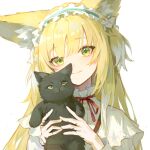  1girl absurdres animal animal_ear_fluff animal_ears arknights black_cat blonde_hair cat closed_mouth colored_tips fox_ears fox_girl frilled_hairband frills green_eyes green_hairband hairband highres holding holding_animal holding_cat looking_at_viewer multicolored_hair neck_ribbon red_ribbon ribbon saymiya shirt simple_background smile solo suzuran_(arknights) white_background white_hair white_shirt 