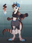  absurd_res anthro bottomwear claws clothed clothing dumbbell eris_morgan exercise feet female hi_res horn kobold open_mouth reptile scalie shirt shorts simple_background smile solo tail tank_top toes topwear weightlifting weights workout 