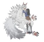  1boy 1girl animal_ear_fluff animal_ears animal_feet animal_hands body_fur brown_skirt claws commentary digitigrade fangs full_body grey_fur grey_hair hand_in_another&#039;s_mouth leviair long_hair looking_at_another monster_boy mouth_pull open_mouth original pleated_skirt sharp_teeth sidelocks simple_background sitting skirt slit_pupils solo standing symbol-only_commentary tail teeth thighhighs toned toned_male tongue tongue_out very_long_hair white_background wolf_boy wolf_ears wolf_tail yellow_eyes 