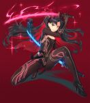  &gt;:) ass_visible_through_thighs black_bodysuit black_hair bodysuit breasts cleavage commentary dual_wielding fate/grand_order fate_(series) grey_eyes highres holding holding_sword holding_weapon horns image_sample ishtar_(fate) legs long_hair medium_breasts mhk_(mechamania) red_background red_hair shadow smile space_ishtar_(fate) space_ishtar_(first_ascension)_(fate) sword twitter_sample v-shaped_eyebrows weapon 