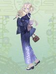  1girl ame_tyaya bag blue_eyes blue_kimono dairoku_ryouhei edith_echelle floral_print flower full_body green_background hair_flower hair_ornament hand_fan handbag holding holding_fan japanese_clothes kimono looking_at_viewer sandals short_hair_with_long_locks solo standing yukata 