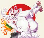  4_toes amaterasu_(okami) anthro anthrofied areola breasts butt buxbi canid canine canis capcom eyelashes feet female fingers fire fur genitals hand_on_butt hand_on_own_butt legs_up lying mammal markings nipples nude okami_(capcom) on_back pawpads pink_areola pink_nipples pussy signature solo thick_thighs toes white_body white_fur wolf 