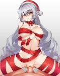  1boy 1girl bippew breasts bronya_zaychik bronya_zaychik_(silverwing:_n-ex) commentary_request covered_nipples cowgirl_position drill_hair grey_eyes grey_hair hat hetero highres honkai_(series) honkai_impact_3rd korean_commentary large_breasts looking_at_viewer naked_ribbon navel nipple_slip nipples nude penis pov pussy pussy_juice ribbon santa_hat sex solo_focus straddling sweat uncensored vaginal 