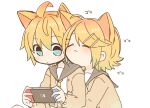  1boy 1girl :3 ahoge alternate_costume animal_ears cat_boy cat_ears cat_girl closed_eyes commentary_request hug hug_from_behind kagamine_len kagamine_rin najo nintendo_switch school_uniform serafuku translation_request upper_body vocaloid white_background yellow_serafuku 