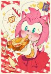  1girl amy_rose animal_ears animal_nose aqua_eyes artist_name bacon bare_shoulders blush border bottle bow bracelet bread bread_slice cheese closed_mouth eating egg eyelashes ezume_(rosehip) food food_on_face fried_egg furry furry_female gloves gold_bracelet hairband hands_up heart hedgehog_ears hedgehog_girl hedgehog_tail highres holding holding_food jewelry looking_to_the_side mayonnaise package pink_fur plaid plaid_background polka_dot red_background red_bow red_hairband red_skirt skirt solo sonic_(series) standing star_(symbol) tail tank_top white_background white_border white_gloves white_tank_top 