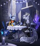  absurd_res anthro beverage charr coffee dialogue duo eye_contact felid female female/female furmessiah_(character) furniture guild_wars hi_res lombax looking_at_another mammal night ratchet_and_clank rivet_(ratchet_and_clank) smile snow sony_corporation sony_interactive_entertainment stasia28fox table weapon 