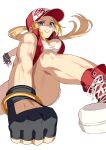  1girl baseball_cap blonde_hair blue_eyes breasts cleavage cropped_jacket denim denim_shorts fatal_fury fatal_fury_cap fingerless_gloves genderswap genderswap_(mtf) gloves hat highres jacket large_breasts long_hair looking_at_viewer micro_shorts ponytail shorts simple_background snk snk_heroines:_tag_team_frenzy solo terry_bogard the_king_of_fighters yagi2013 