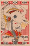  1girl 2021 animal_skull border braid chinese_zodiac cloak closed_mouth covered_eyes english_text facial_mark feathers grey_hair hair_over_shoulder happy_new_year headdress horns limited_palette long_hair native_american_headdress original poncho portrait single_braid solo tokyo_mononoke year_of_the_ox 