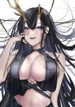  1girl absurdres antlers artist_request asymmetrical_horns azur_lane black_hair blue_eyes blush breasts chain cleavage golden_hind_(azur_lane) highres horns large_breasts licking_lips midriff mole mole_under_mouth revealing_clothes tongue tongue_out upper_body 