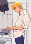  1boy blonde_hair blue_pants bowl collared_shirt indoors kitchen long_sleeves male_focus mob_psycho_100 own_hands_together pants profile reigen_arataka shirt short_hair siotomato sleeves_rolled_up solo stove towel white_shirt 