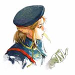  1boy aiguillette aizheajsee blonde_hair blue_capelet blue_eyes blue_headwear blue_shirt capelet earrings from_above from_side gloves half_updo hand_up hat highres jewelry link looking_ahead looking_at_viewer male_focus pointy_ears ponytail print_headwear profile reaching royal_guard_set_(zelda) shirt sidelocks simple_background solo the_legend_of_zelda the_legend_of_zelda:_breath_of_the_wild upper_body white_background white_gloves 