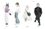  4boys absurdres alhaitham_(genshin_impact) animal_ears aqua_eyes aqua_hair bag baggy_pants belt black_bag black_belt black_hair black_headwear black_jacket black_pants blonde_hair bucket_hat coat cyno_(genshin_impact) dark-skinned_male dark_skin fox_boy fox_ears full_body genshin_impact green_hair grey_hair handbag hands_in_pockets hat highres jacket kaveh_(genshin_impact) leather leather_jacket loafers long_sleeves male_focus medium_hair multicolored_hair multiple_boys pants pink_shirt red_eyes shirt shoes short_hair short_sleeves sweater tighnari_(genshin_impact) turtleneck turtleneck_sweater twitter_username unagi_to_kame white_background white_coat white_hair white_pants white_shirt 