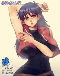  1girl alternate_breast_size arm_behind_head armpits artist_name belt black_hair black_nails black_pants black_shirt blindhunter99 breasts brown_belt brown_eyes duel_academy_uniform_(yu-gi-oh!_gx) highres large_breasts long_hair open_mouth pants red_vest saotome_rei shadow shirt sleeveless sleeveless_shirt solo sweat upper_body vest yellow_background yu-gi-oh! yu-gi-oh!_gx 