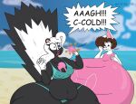  2016 anthro beach belly big_breasts bikini black_body black_fur blue_eyes bonnie_(satsumalord) breasts brown_body brown_fur chelsea_(satsumalord) clothing cloud copyright_symbol dessert duo english_text female food fur hair huge_breasts huge_thighs hyper hyper_breasts ice_cream ice_cream_cone lagomorph leporid male mammal mephitid navel nipple_outline open_mouth overweight overweight_anthro overweight_female rabbit sand satsumalord screaming seaside skunk sky sound_effects speech_bubble swimwear symbol text thick_thighs water white_body white_fur white_hair wide_hips 