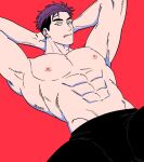  1boy :q abs armpits balnom bara ear_piercing highres large_pectorals lying male_focus mature_male muscular muscular_male navel nipples on_back original pectorals piercing purple_hair short_hair solo spread_legs stomach thick_eyebrows tongue tongue_out topless_male v-taper 