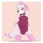  2023 anthro border breasts clothed clothing digital_media_(artwork) female fully_clothed fur head_tuft hi_res leg_markings looking_at_viewer louart mammal markings mustelid otter pink_body pink_eyes pink_fur signature smile socks_(marking) solo spots spotted_body spotted_fur standing tuft white_border white_spots 
