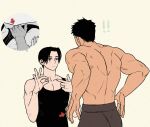  ! !! 2boys back bara black_hair black_tank_top brown_pants closed_mouth couple holding holding_jewelry holding_ring jewelry kashikahaya large_pectorals looking_at_another male_focus multiple_boys muscular muscular_male original pants pectorals ring short_hair tank_top topless_male yaoi 