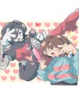  asechiruk black_hair blue_sweater brown_hair brown_shorts colored_skin deltarune frisk_(undertale) heart highres mechanical_arms mettaton_ex microphone music open_mouth pink_footwear robot shorts singing sweater undertale white_skin 