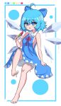  1girl absurdres ahoge barefoot blue_bow blue_dress blue_eyes blue_hair bow breasts cirno commentary detached_wings dress food fruit hair_bow highres holding holding_food ice ice_wings looking_at_viewer open_mouth short_hair sideboob sleeveless sleeveless_dress smug_suriipi solo touhou watermelon watermelon_slice white_background wings 