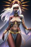  2023 anthro big_breasts bottomwear breasts canid canine canis chain cleavage clothed clothing digital_media_(artwork) ear_piercing ear_ring egyptian female gem hair hi_res jackal jewelry mammal navel open_mouth piercing pistachiohorror ring_piercing simple_background solo topwear white_hair yellow_eyes 