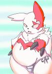  anthro belly bikini bikini_bottom bulge claws clothing fluffy fur generation_3_pokemon gyonge hi_res male navel nintendo pokemon pokemon_(species) slightly_chubby solo swimwear white_body white_fur zangoose zangoose_day 