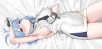  1girl absurdres ako_(blue_archive) armpits arms_up bare_shoulders bed_sheet black_gloves blue_archive blue_eyes blue_hair blush breasts closed_mouth clothes_pull covered_navel dress dress_pull gloves hair_between_eyes highres large_breasts long_hair looking_at_viewer lying on_back on_bed pencil_dress pulled_by_self sideboob sidelocks sleeveless sleeveless_dress solo thighs urrrt white_dress 