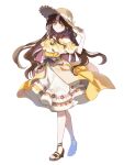  1girl brown_eyes brown_footwear brown_hair chain_paradox dress hand_up hat highres long_hair mp_cookie nanamori_minoru sandals solo standing straw_hat sun_hat transparent_background yellow_dress 