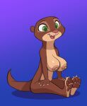  anthro biped blue_background clothed clothing disney female green_eyes hi_res mammal mrs._otterton mustelid nude open_mouth otter pawpads simple_background siroc smile solo zootopia 
