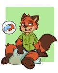  4:5 anthro astinkypuppy blush bodily_fluids chastity_cage chastity_device cum diaper disney genital_fluids genitals grumpy hi_res kibacpup male nick_wilde penis solo urine wet_diaper wetting wetting_diaper zootopia 