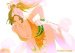  1girl arm_guards bent_over breasts brown_eyes brown_hair cleavage downblouse hand_on_own_hip high_ponytail highres leaning_forward long_hair looking_at_viewer ninja pelvic_curtain pembiklimon ponytail revealing_clothes rope shiranui_mai simple_background the_king_of_fighters white_background 