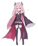  1girl bare_shoulders black_ribbon boots bow breasts choker closed_mouth criss-cross_halter detached_sleeves dress frilled_dress frilled_sleeves frills hair_between_eyes halterneck krul_tepes long_hair long_sleeves nitrio owari_no_seraph pink_bow pink_eyes pink_hair pointy_ears puffy_long_sleeves puffy_sleeves ribbon sidelocks sleeveless sleeveless_dress sleeves_past_fingers sleeves_past_wrists small_breasts solo standing thigh_boots twintails two_side_up white_background 