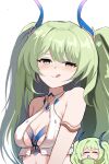  1girl :q absurdres bare_shoulders bendy_straw blush breasts brown_eyes chibi chibi_inset cleavage closed_mouth commentary_request cup disposable_cup drinking_straw earrings green_hair highres honkai_(series) honkai_impact_3rd horns jewelry long_hair looking_at_viewer marin_liekuriva_(mmliku) medium_breasts mobius_(daughter_of_corals)_(honkai_impact) mobius_(honkai_impact) multiple_views simple_background smile tongue tongue_out two_side_up upper_body very_long_hair white_background 