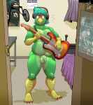  absurd_res anthro avian balls beak bedroom belly belly_overhang bird blue_hair blush bodily_fluids chubby_male denlusty electric_guitar embarrassed feathers flaccid genitals green_body green_feathers guitar hair headphones hi_res male microphone musical_instrument nude open_door parrot patrigue penis pixies_(band) plucked_string_instrument slightly_chubby solo story_at_source string_instrument surprise sweat talons the_beatles watermark 