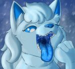  2021 alolan_form alolan_ninetales ambiguous_gender blue_body blue_fur blue_tongue blurred_background bodily_fluids drooling excessive_saliva fur gaping_mouth hi_res human human_prey imminent_oral_vore imminent_vore mammal nintendo open_mouth pokemon pokemon_(species) pokemon_pred regional_form_(pokemon) saliva saliva_strin suddendraft teeth tongue 