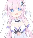  1girl bare_shoulders blue_eyes blush breasts bubun_oo elbow_gloves gloves hair_between_eyes highres leotard long_hair looking_at_viewer nepgear neptune_(series) pink_hair power_symbol purple_hair purple_sister skin_tight skindentation solo symbol-shaped_pupils very_long_hair white_gloves white_leotard 