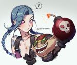  ! 1boy 1girl artist_name asymmetrical_bangs black_gloves black_headwear body_fur bomb brown_fur cloud_tattoo collarbone cropped_torso explosive flat_chest gloves goggles green_hair highres holding holding_bomb jinx_(league_of_legends) league_of_legends long_hair long_sleeves pink_eyes red_headwear shoulder_tattoo simple_background speech_bubble spoken_exclamation_mark tattoo teeth upper_body white_background wosashimi yordle ziggs 