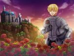  1boy absurdres armor blonde_hair breastplate castle cliff closed_mouth cloud commentary commission cowboy_shot english_commentary flower gauntlets gradient_sky green_eyes helmet highres holding holding_helmet horizon knight looking_down male_focus ocean orange_sky original outdoors pauldrons purple_sky red_flower red_rose riabels rose short_hair shoulder_armor sky solo star_(sky) starry_sky sun sunset water 