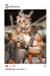  2023 anthro arknights canid canine canis clothing collar domestic_dog ear_piercing fingerless_gloves fur gloves hair handwear hi_res horn hung_(arknights) hypergryph insomnia_elliot instagram looking_at_viewer male mammal multicolored_hair muscular muscular_anthro muscular_male orange_hair piercing selfie solo studio_montagne tan_body tan_fur tongue tongue_out two_tone_hair vein white_hair yellow_eyes 