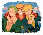  3boys ^_^ arm_around_neck black_hair black_jacket blonde_hair blue_sky blush cigarette clenched_teeth closed_eyes cloud collared_shirt commentary_request curly_eyebrows earrings facial_hair goatee green_hair green_kimono grin hair_over_one_eye hat highres jacket japanese_clothes jewelry kimono lapels long_sleeves looking_at_viewer male_focus monkey_d._luffy multiple_boys necktie one_eye_covered one_piece open_clothes open_kimono open_shirt parted_bangs pectorals qwwwwww48423 red_shirt roronoa_zoro sanji_(one_piece) scar scar_across_eye scar_on_cheek scar_on_chest scar_on_face shirt short_hair sky smile smoke straw_hat teeth upper_body v-shaped_eyebrows white_background wing_collar yellow_necktie yellow_shirt 