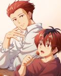  2boys black_hair brothers closed_mouth collared_shirt commentary_request eating food fork hand_up holding holding_fork kamatanu_free long_sleeves looking_at_another male_focus multicolored_hair multiple_boys open_mouth orange_eyes red_hair red_shirt shirt short_hair siblings smile sousou_no_frieren stark_(sousou_no_frieren) stoltz_(sousou_no_frieren) table two-tone_hair upper_body white_shirt 
